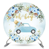 Oh Junge Blumen Auto Blau Runden Babydusche Hintergrund